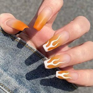 Coffin Press on Nails Orange Flame Design Matte